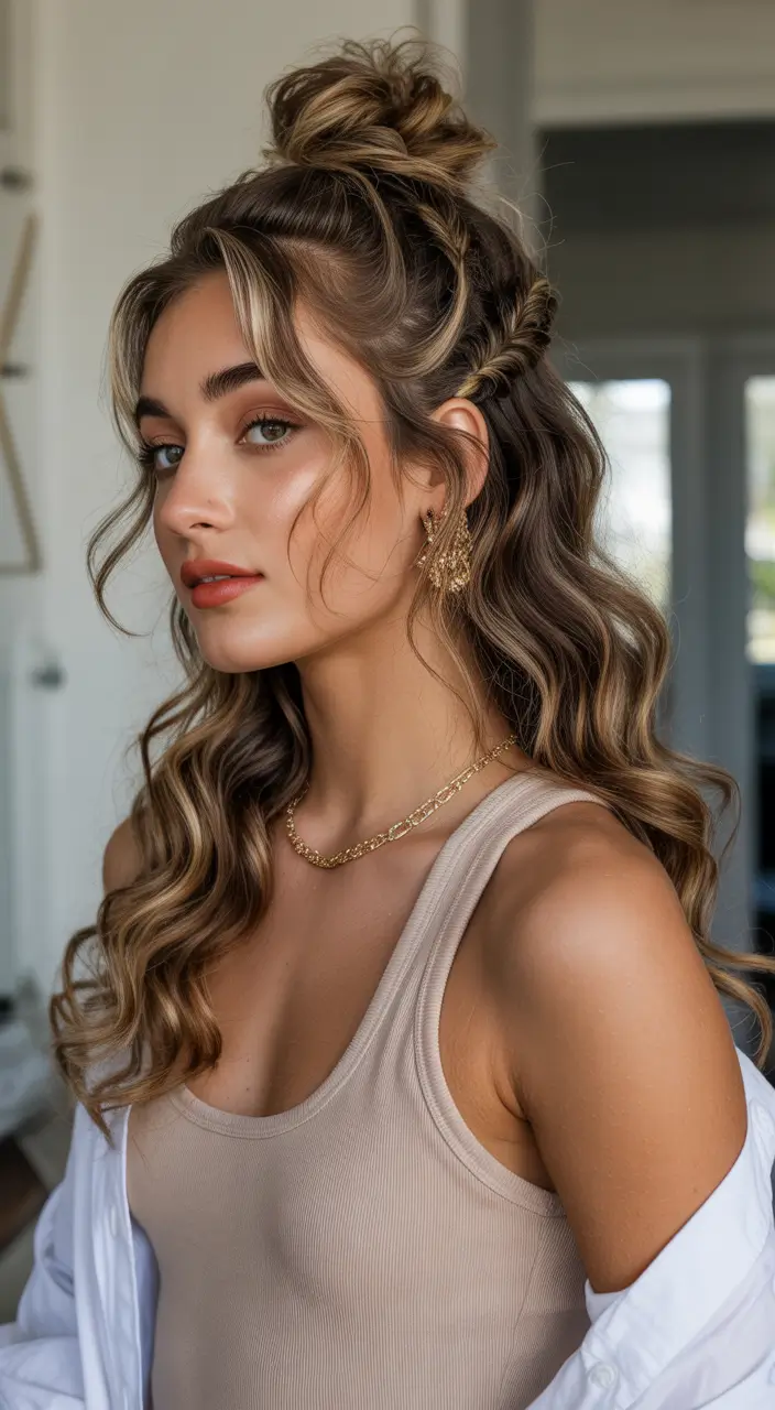 Latest Hairstyles inspiration 2026 Half Up Braided Texture With Loose Waves