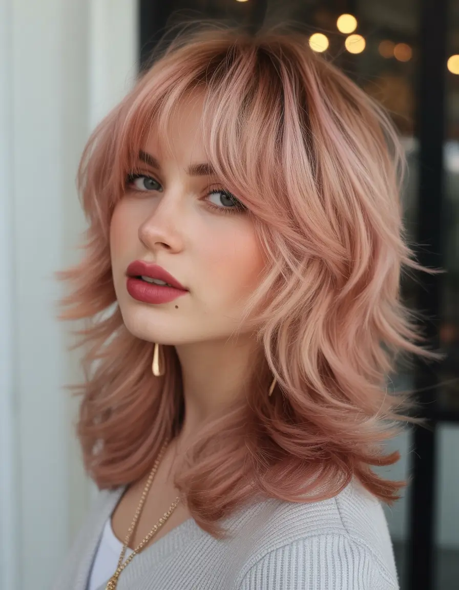 shag haircut Soft rose shag with airy bangs