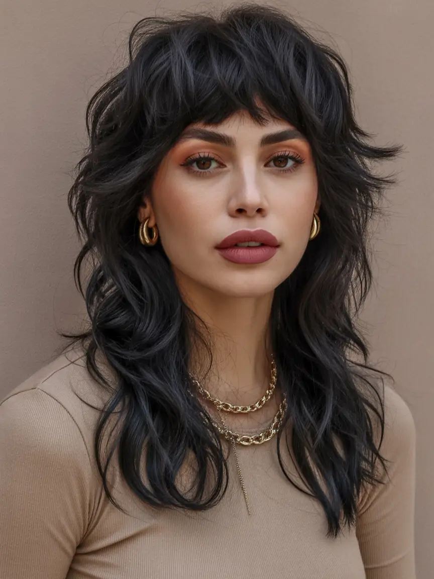 shag haircut Ink black layered shag with bold fringe