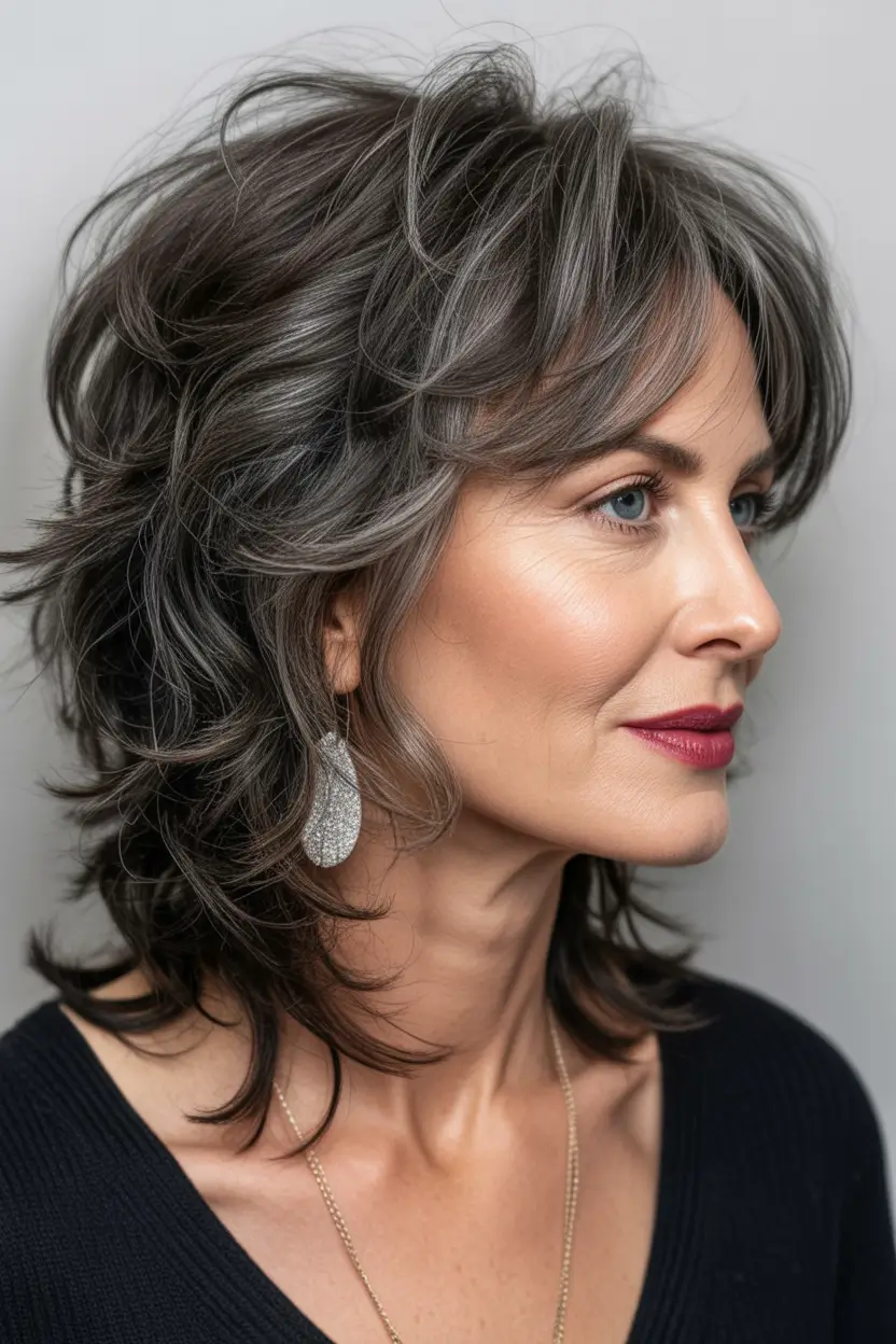 shag haircut Slate gray shag with soft halo layering