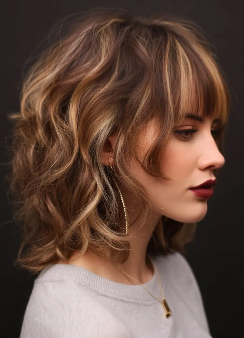 shag haircut Textured caramel waves with soft fringe