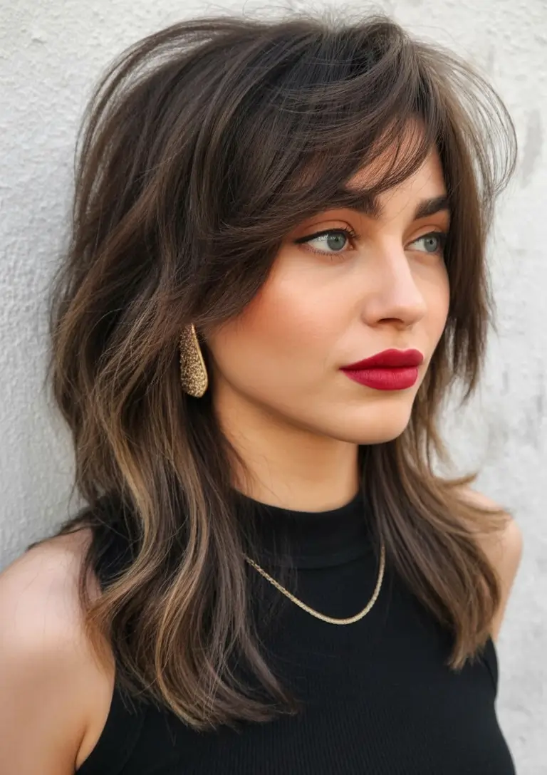 shag haircut Smoky brunette shag with lifted crown layers