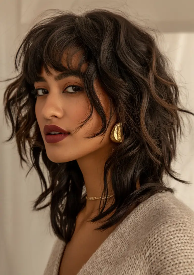 shag haircut Dark wavy shag with bold texture