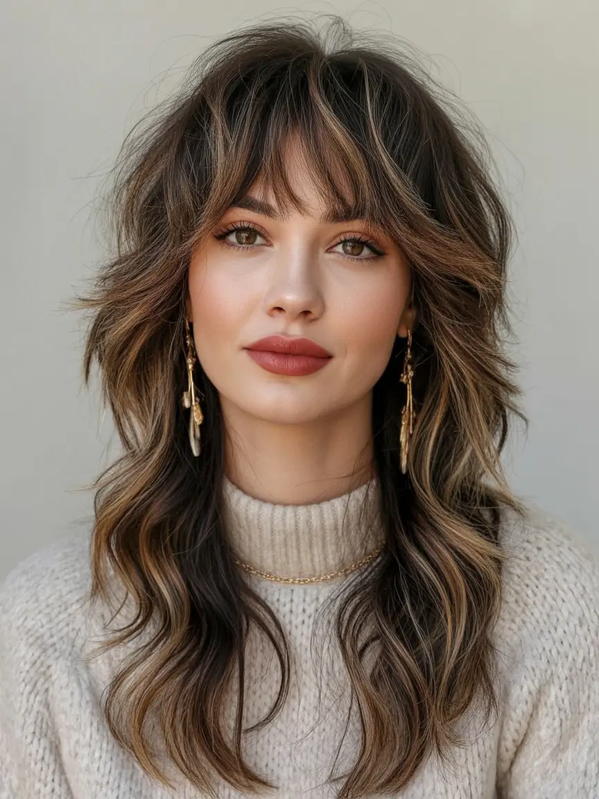 shag haircut Layered long shag with warm highlights