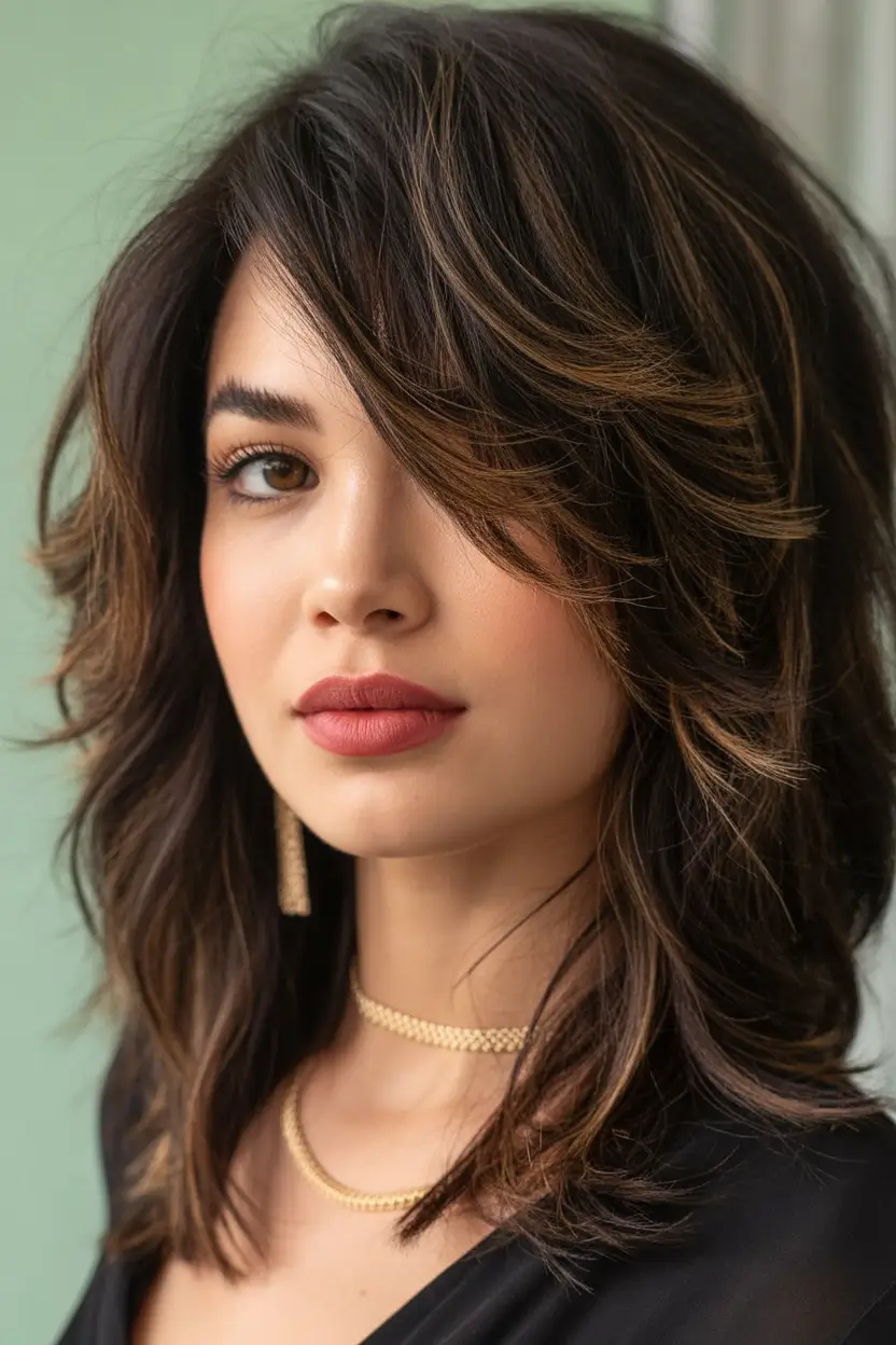 shag haircut Side-swept shag with dimensional brunette tones