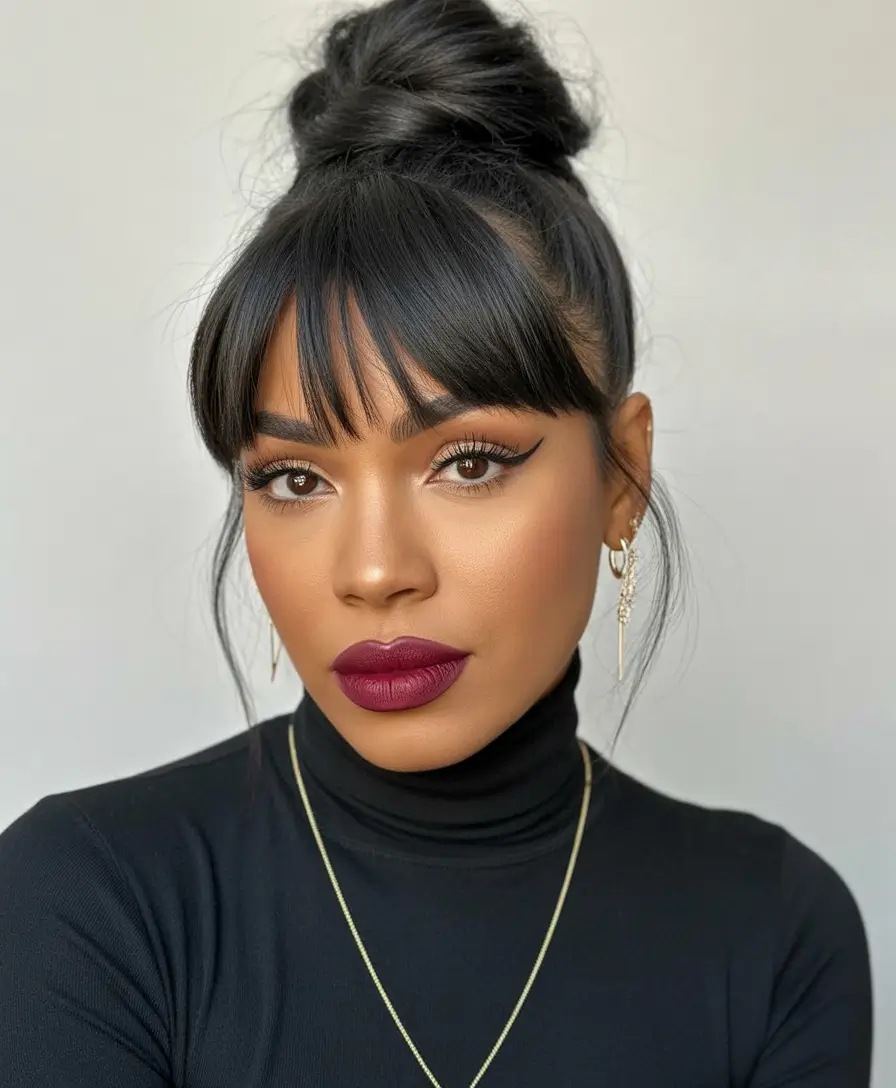 Modern Hairstyles for black women 2026 Elegance In A Soft Top Knot With Modern Fringe