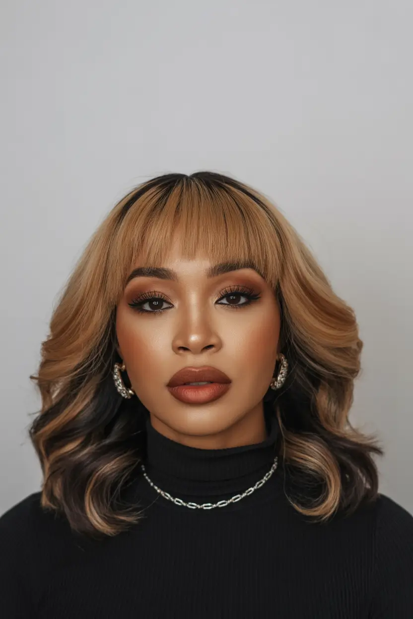 Modern Hairstyles for black women 2026 Warm Dimensional Waves With Soft Micro Fringe