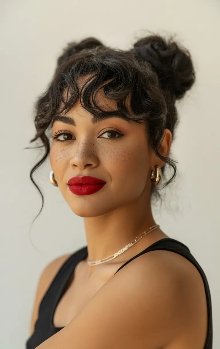 Modern Hairstyles for black women 2026 Messy Space Buns With Curly Fringe And Soft Pieces