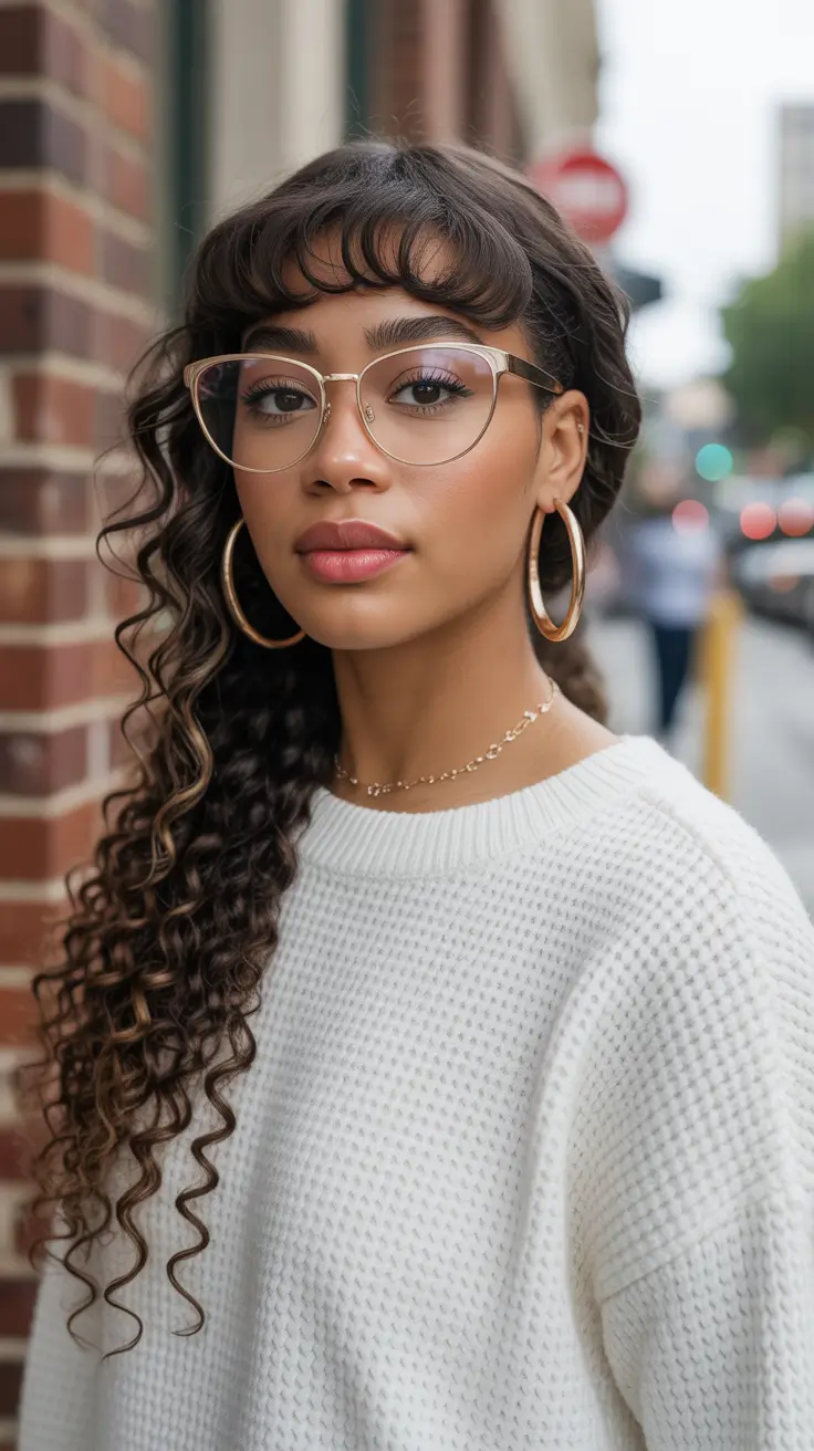 Modern Hairstyles for black women 2026 Curly Side Sweep With Rounded Fringe And Defined Spiral Length