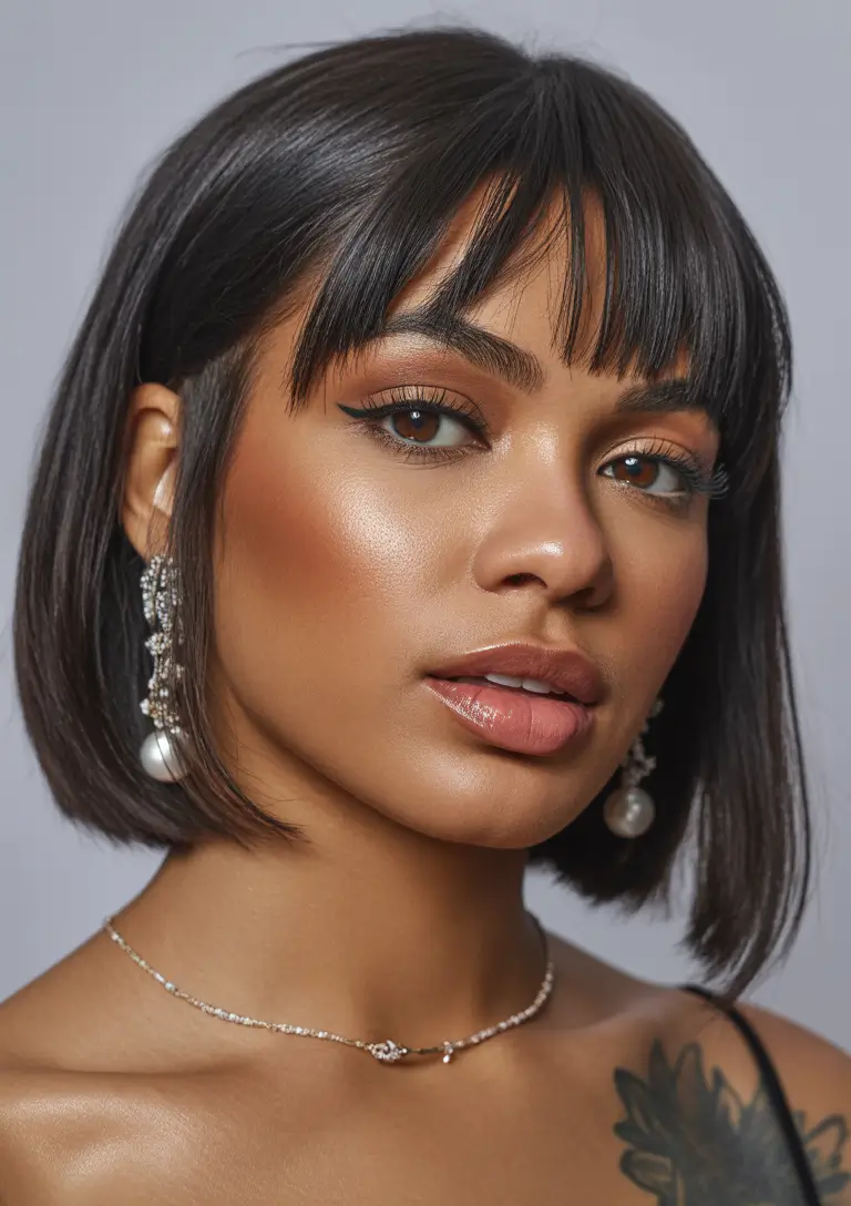 Modern Hairstyles for black women 2026 Glossy Blunt Bob With Sleek Fringe