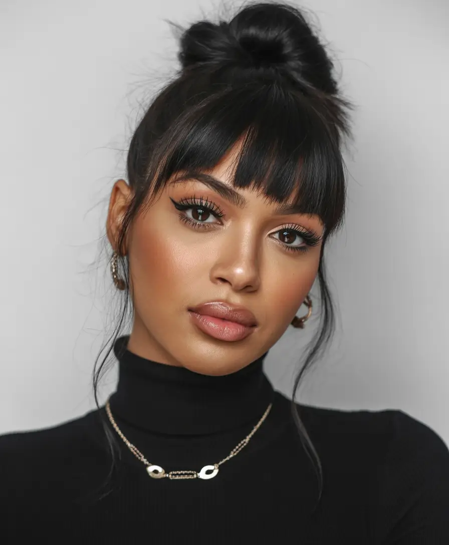 Modern Hairstyles for black women 2026 Soft Top Knot With Feathered Fringe And Face Framing Strands