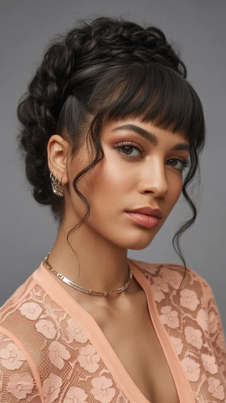 Modern Hairstyles for black women 2026 Textured Crown Updo With Soft Curled Fringe