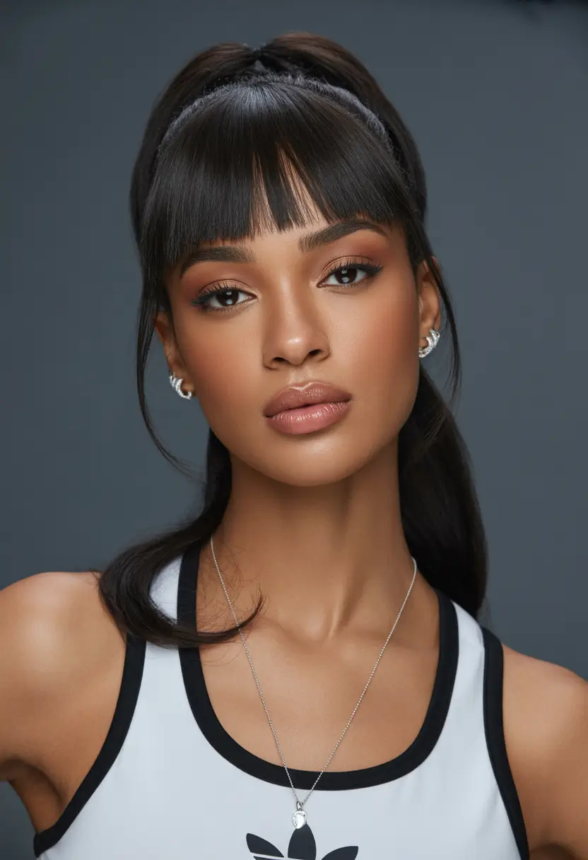 Modern Hairstyles for black women 2026 Sporty Ponytail With Blunt Fringe And Smooth Length