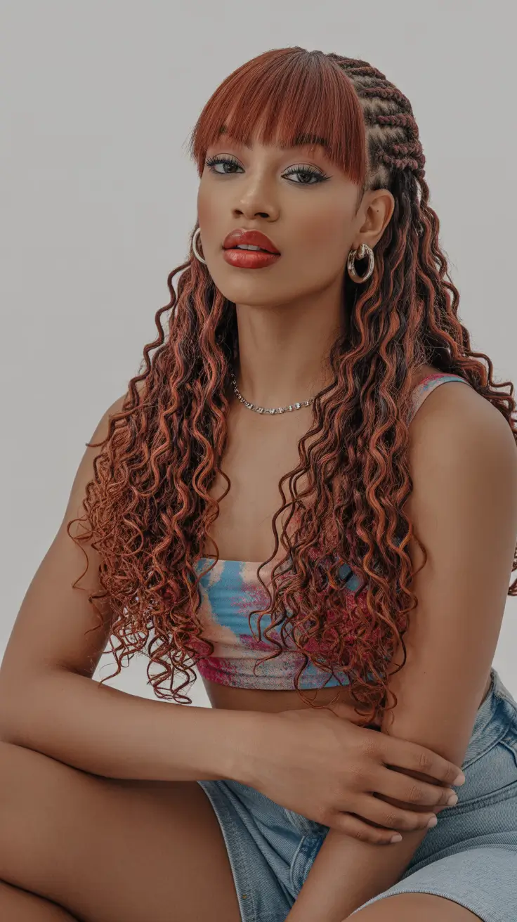 Modern Hairstyles for black women 2026 Half Braided Half Curled With Full Fringe And Warm Copper Tones