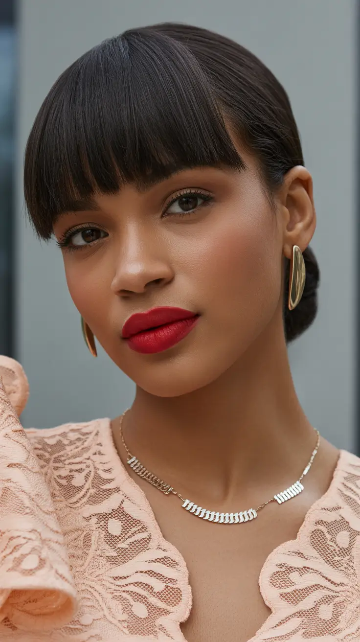 Modern Hairstyles for black women 2026 Classic Sleek Fringe With Tucked Low Style