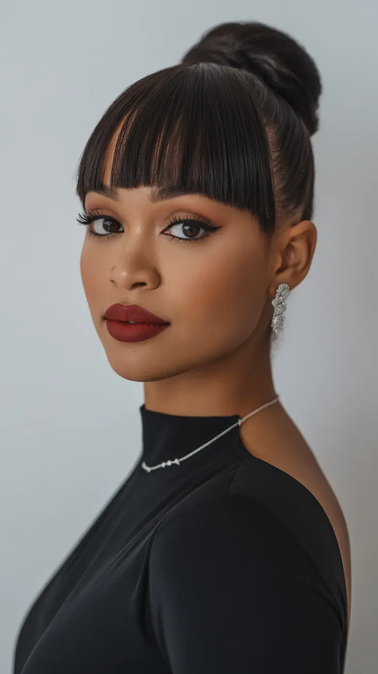 Modern Hairstyles for black women 2026 Elevated Evening Bun With Precision Baby Fringe