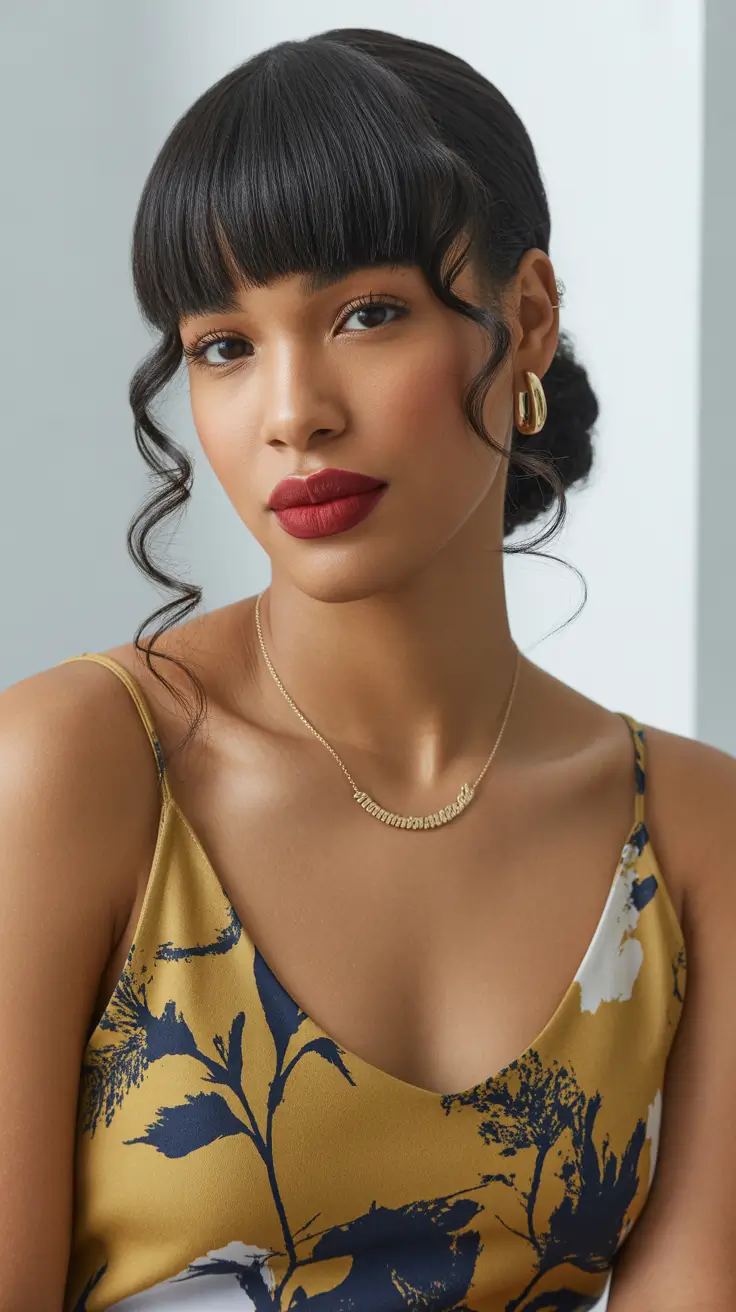 Modern Hairstyles for black women 2026 Romantic Curled Tendrils With Soft Fringe And Low Twist