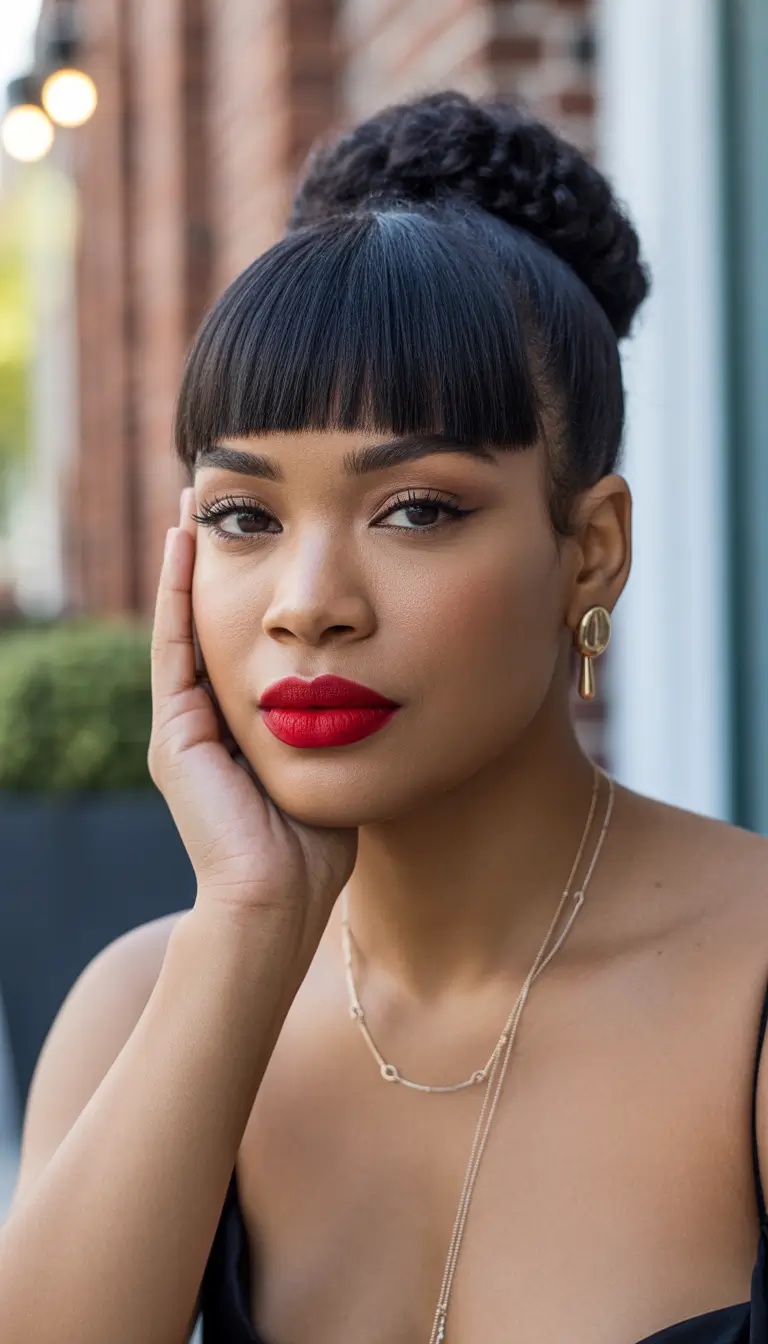 Modern Hairstyles for black women 2026 Textured Bun With Ultra Sharp Fringe Edge