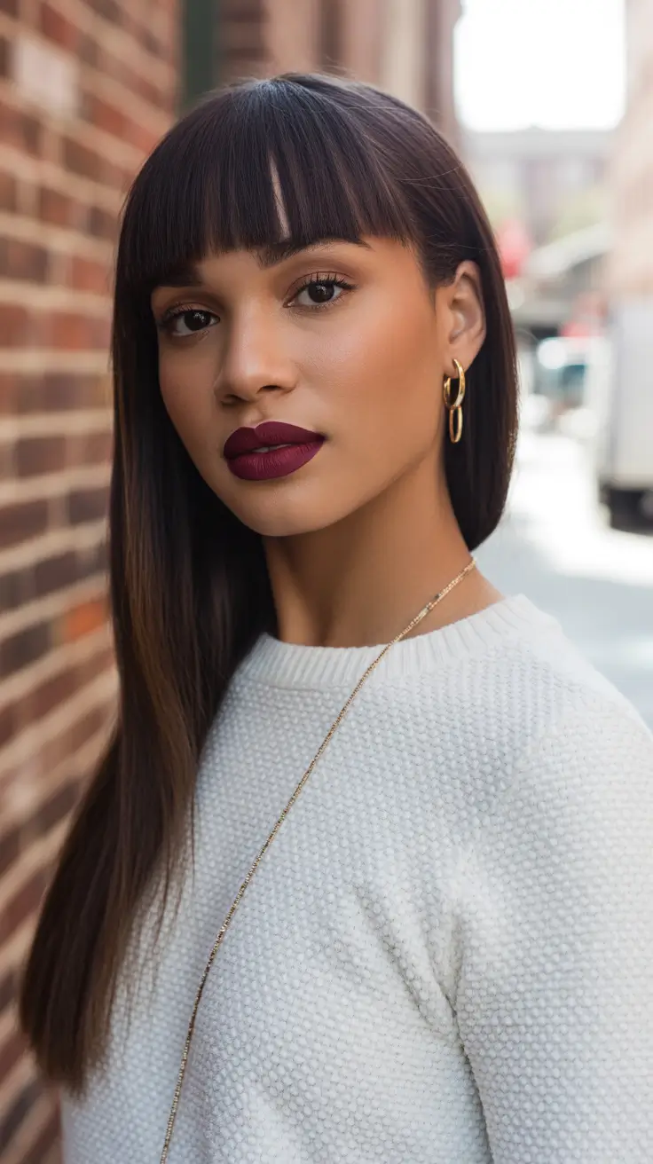 Modern Hairstyles for black women 2026 Sleek Long Length With Structured Rounded Fringe