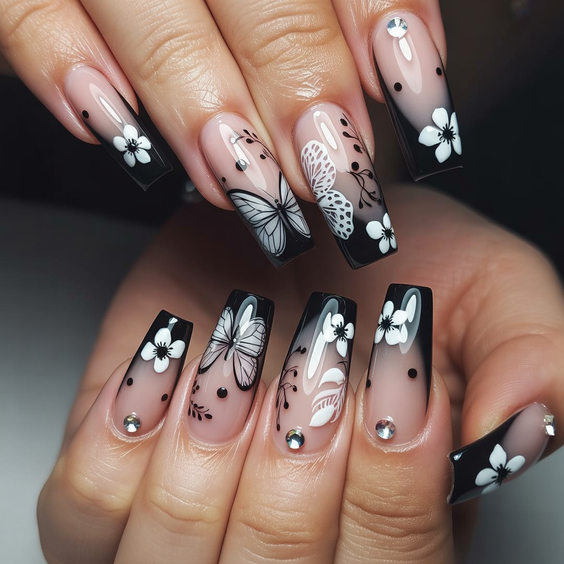 nails colors 2026 Graphic Black French With Botanical Details