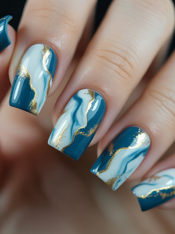 nails colors 2026 Teal Marble With Gold Veining