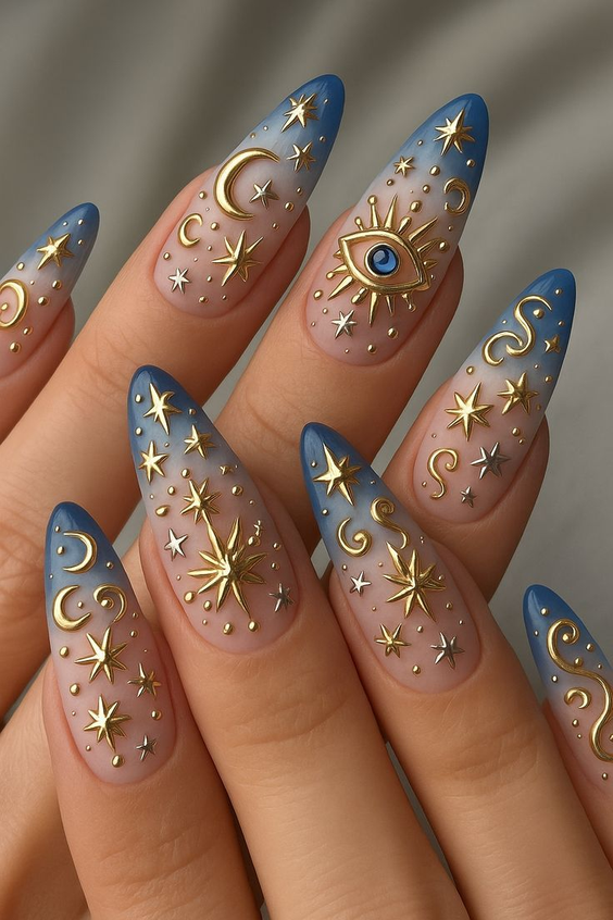 nails design trends 2026 blue gold celestial almond