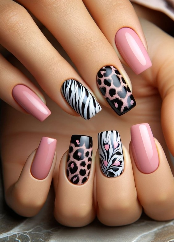 nails design trends 2026 pink square animal print