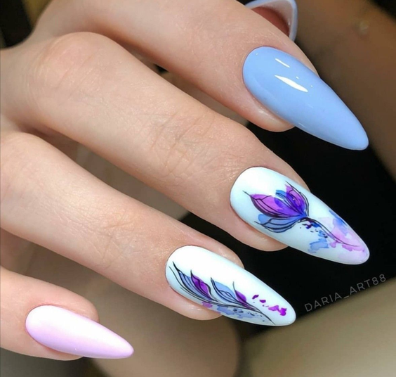 nails design trends 2026 blue almond floral