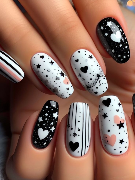 nails design trends 2026 black white graphic hearts