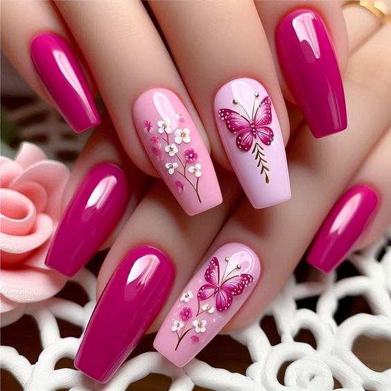 nails design trends 2026 pink acrylic butterfly