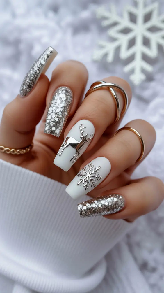 nails design trends 2026 white silver holiday square
