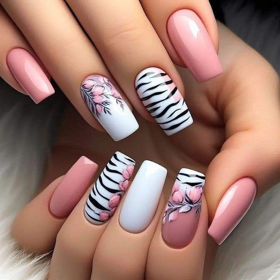 nails design trends 2026 pink square floral graphic