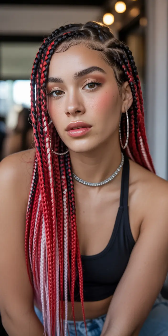 braids hairstyle Bold Red Knotless Box Braids With High Contrast Color Play
