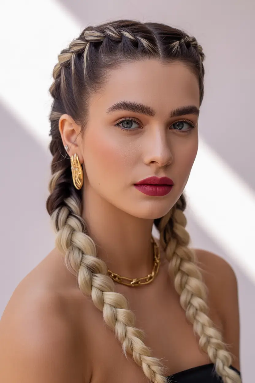 braids hairstyle Blended Dutch Braids With Blonde Contrast