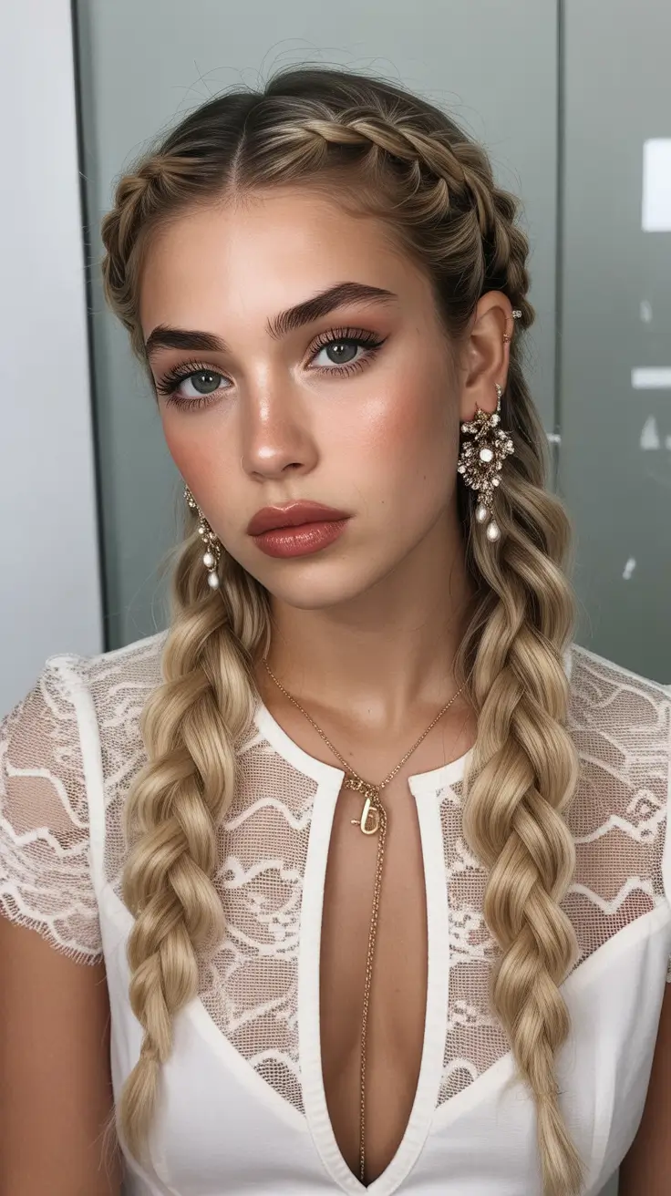 braids hairstyle Modern Romantic Double Braids With Refined Texture