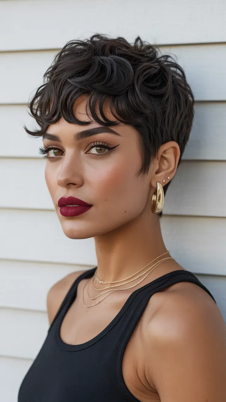 New short hairstyles for women 2026 Defined Curly Pixie With Sculpted Fringe