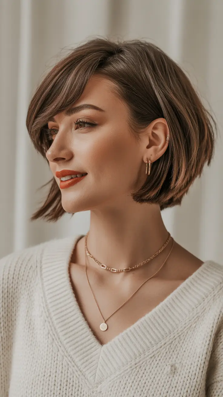 New short hairstyles for women 2026 Sleek French Bob With Soft Side Swept Bangs