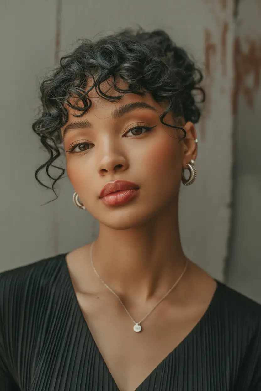 New short hairstyles for women 2026 Curled Updo Pixie With Soft Spiral Fringe