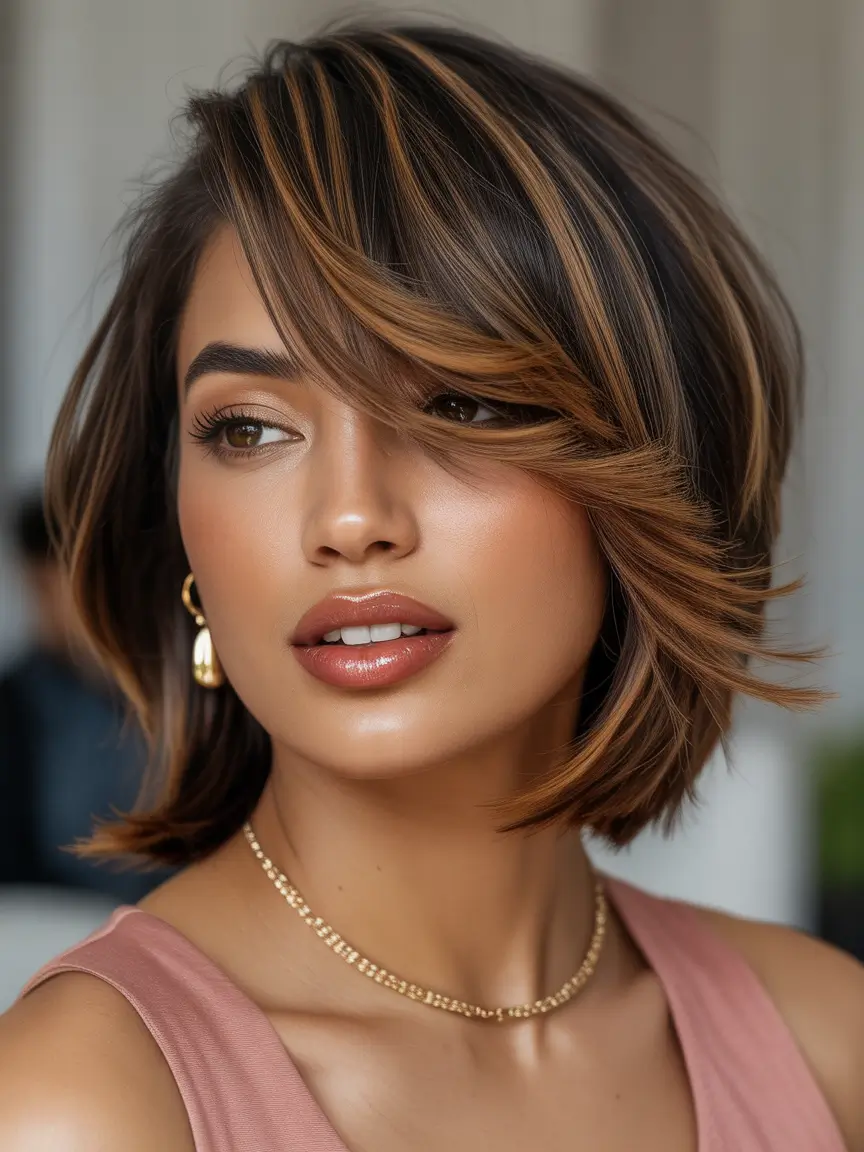 New short hairstyles for women 2026 Dimensional Highlighted Bob With Swept Front Layers