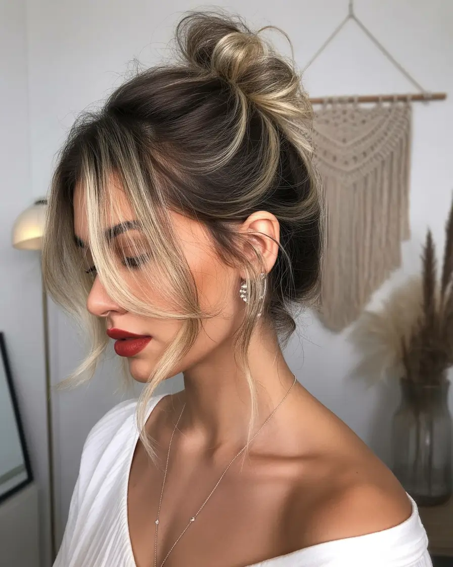 Quick hairstyles for women 2026 Loose Messy Bun With Soft Face Framing