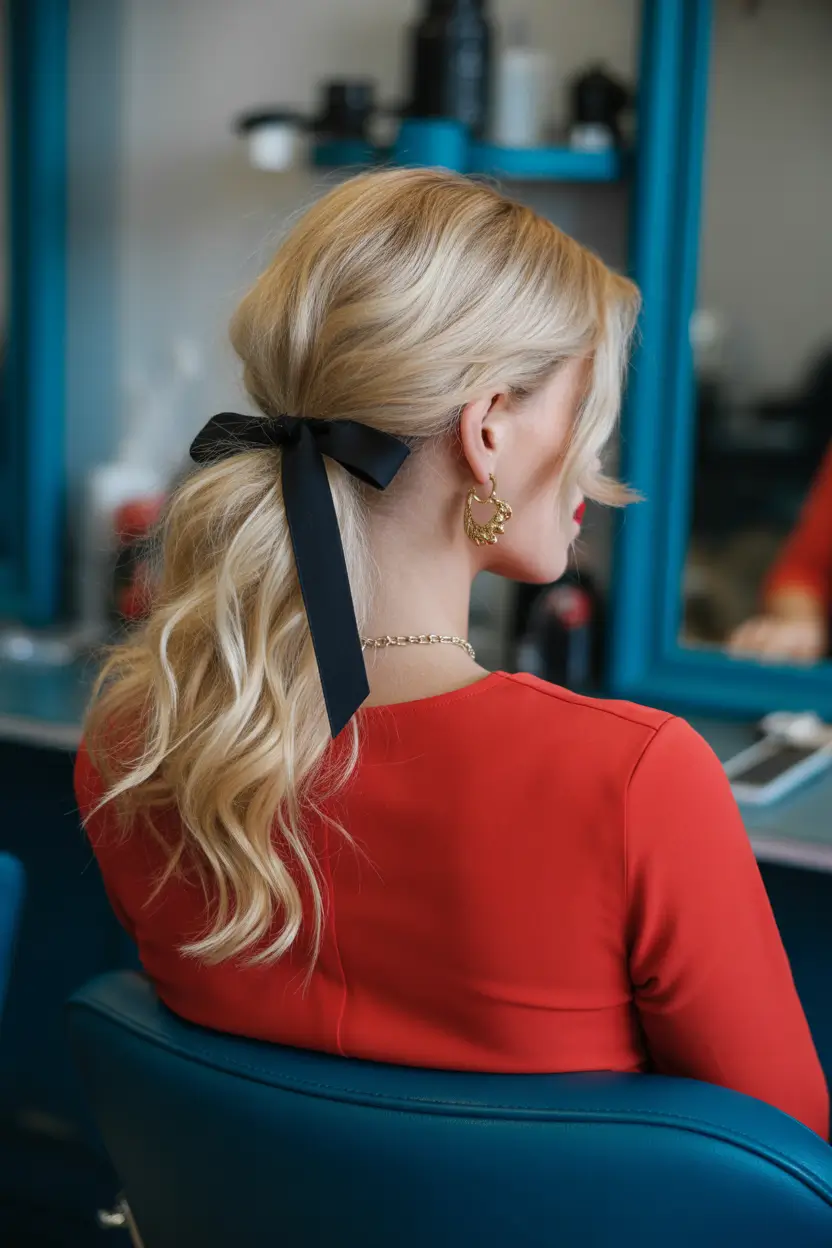 Quick hairstyles for women 2026 Low Ponytail With Ribbon Detail For Polished Days