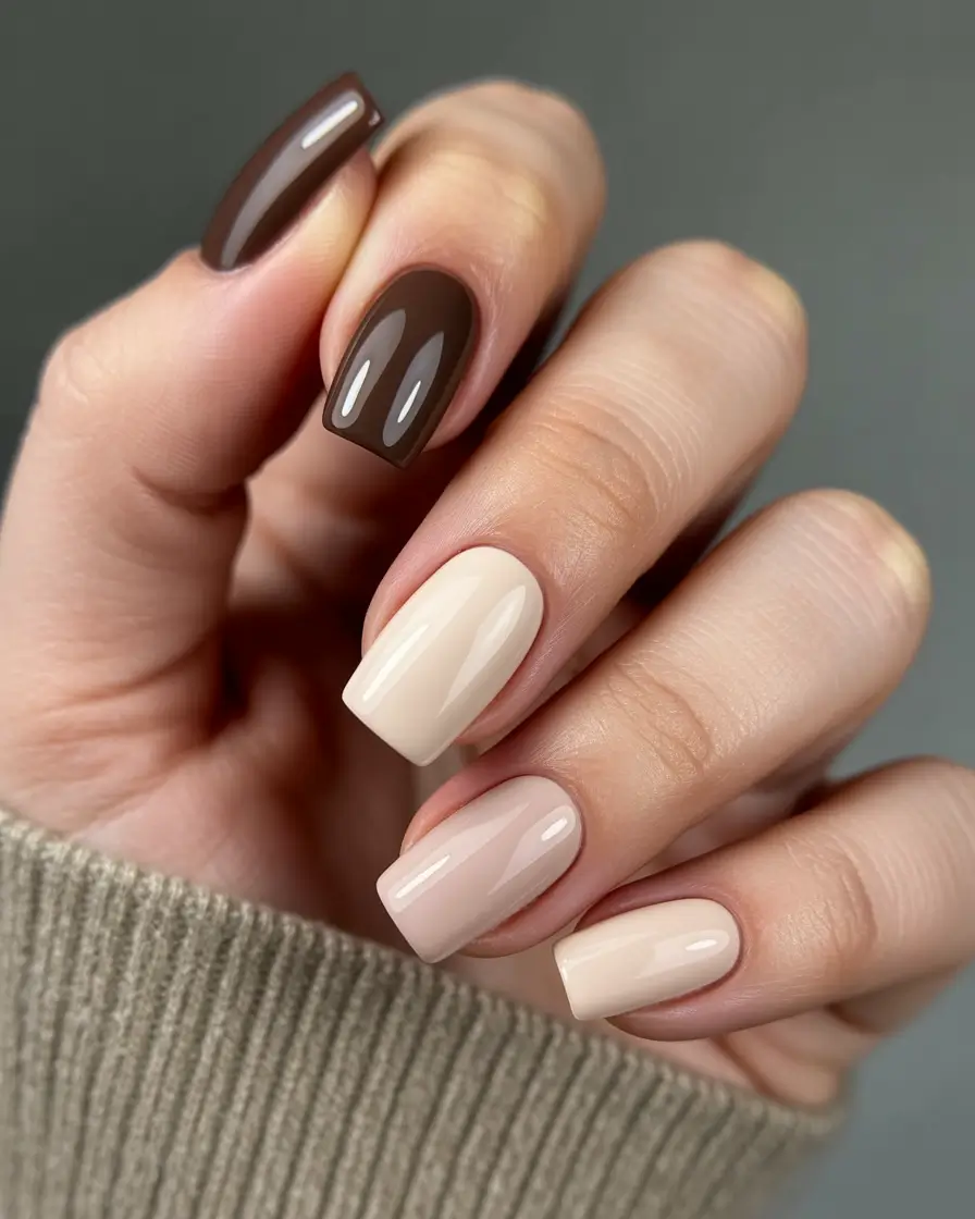 simple nails trend 2026 Chocolate and Cream Square Nails With Contrast