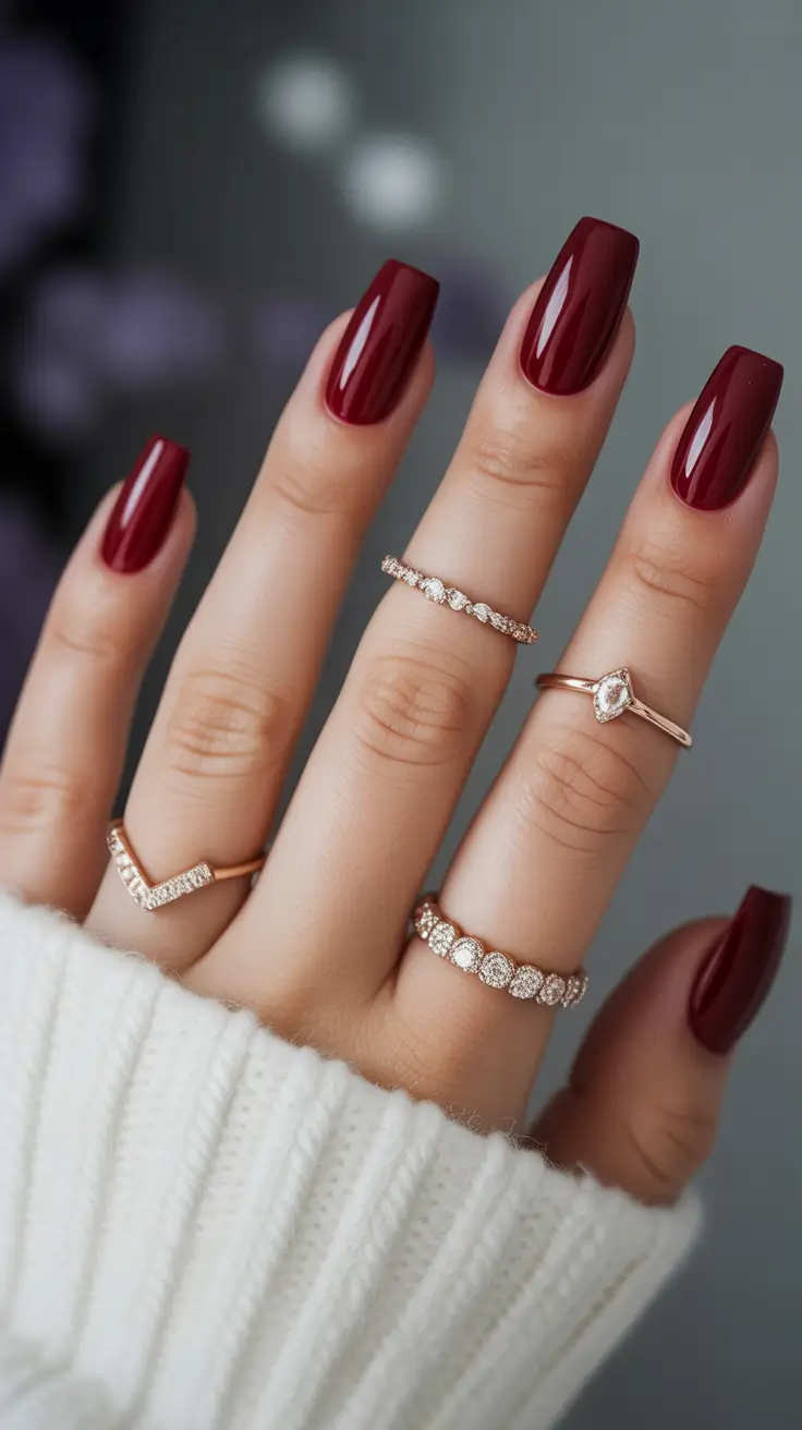 simple nails trend 2026 Deep Wine Square Nails With a Classic Mood