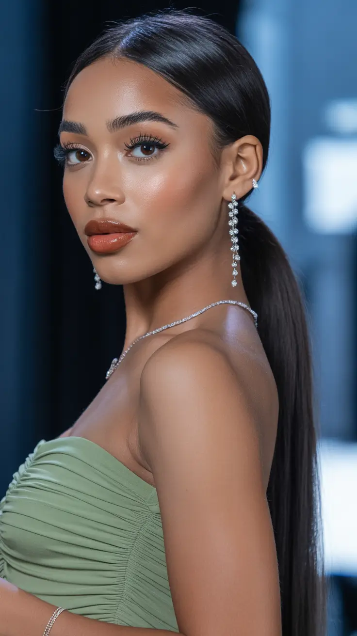 Straight hairstyles ideas 2026 Sleek Low Ponytail With Glam Finish