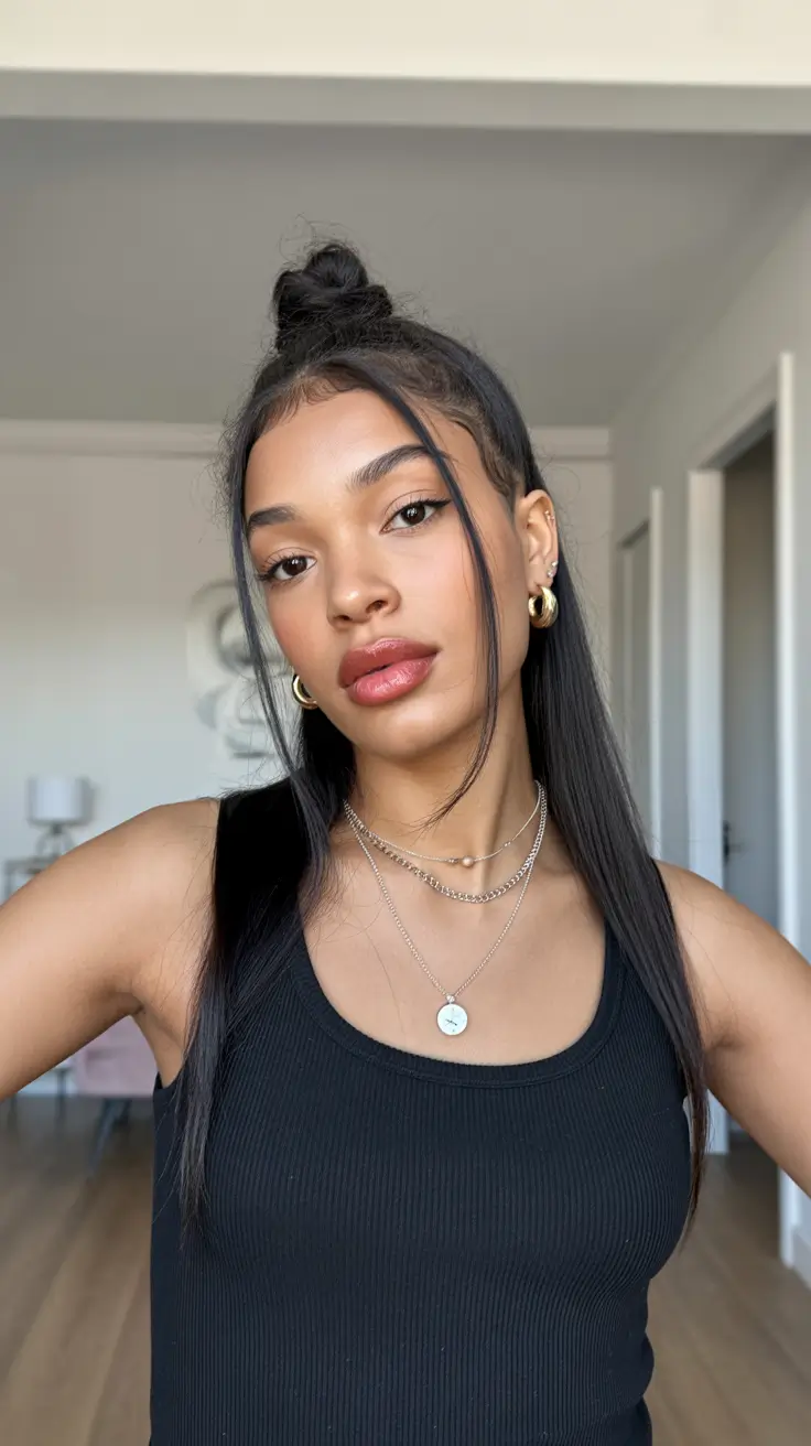 Straight hairstyles ideas 2026 High Half Up Bun With Straight Lengths