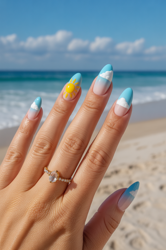 stylish almond nails 2026 sky blue summer