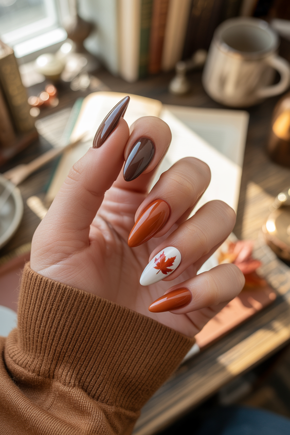 stylish almond nails 2026 brown autumn