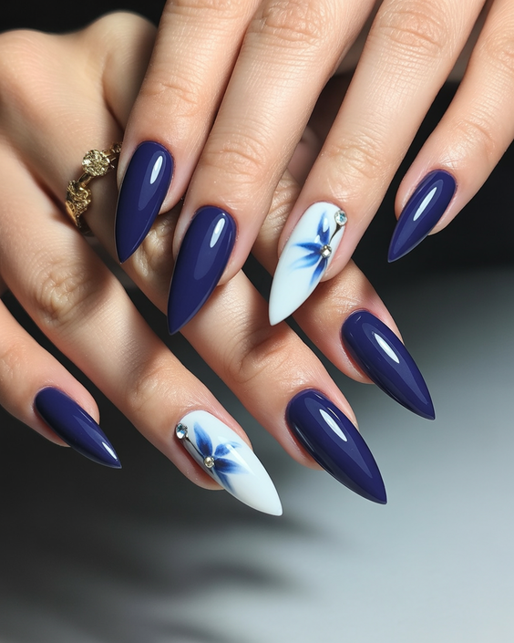 stylish almond nails 2026 navy floral