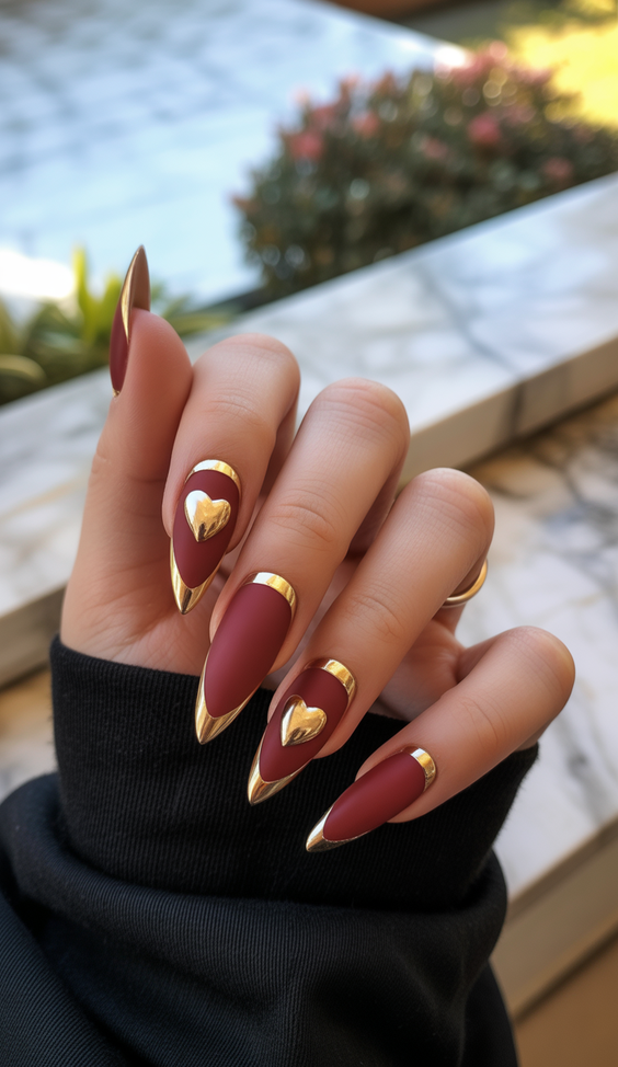 stylish almond nails 2026 burgundy gold