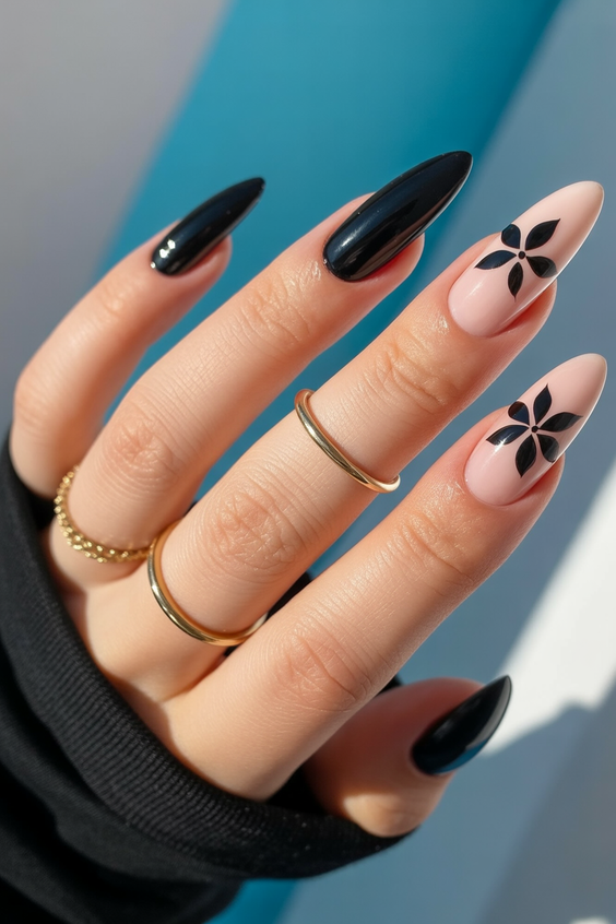 stylish almond nails 2026 black floral
